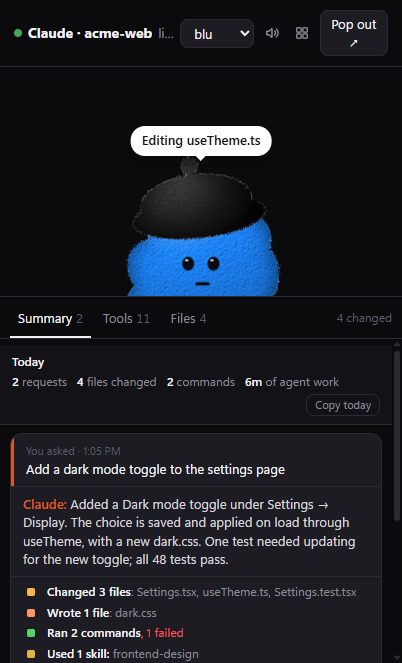 The dotpals window: a blue pal above a Summary card listing a request, Claude's own summary, and a tally of changed files, commands and skills