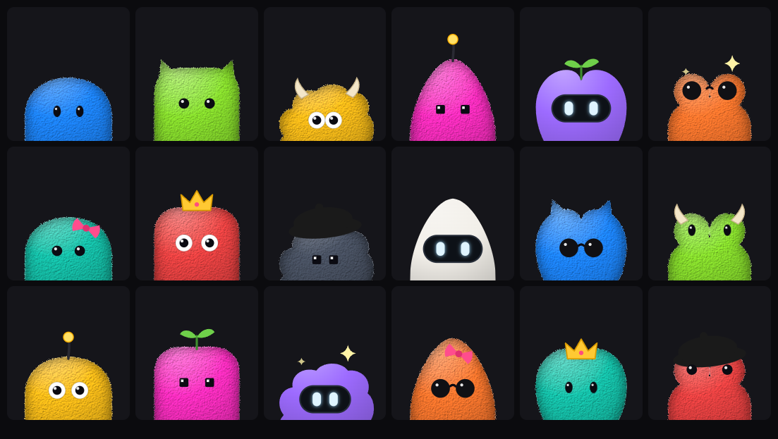 Eighteen home-made pals: round, boxy, fluffy, pointy, heart and frog bodies in different colors, with googly eyes, visors, pixel eyes and shades, and sprouts, crowns, horns, bows, antennas and berets on top