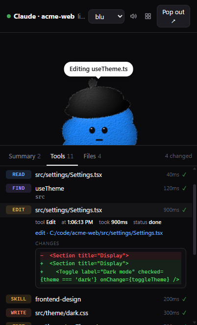 The Tools tab with an Edit opened, showing its diff