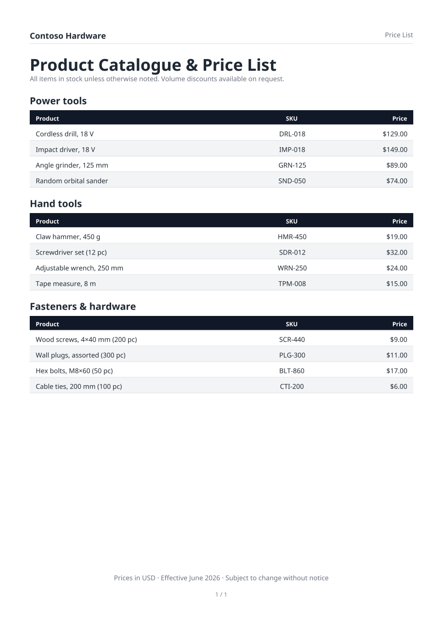 Price list example
