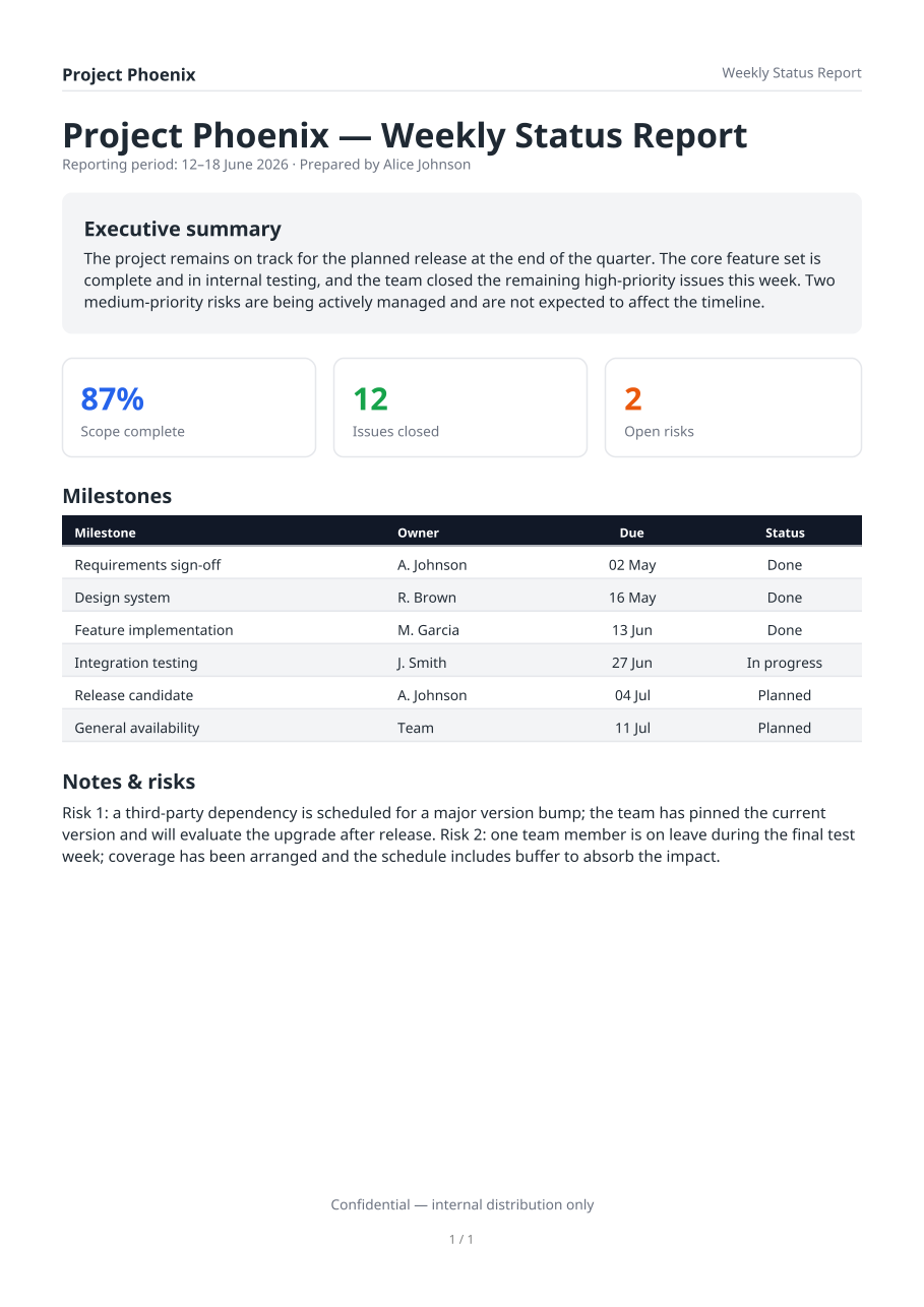 Status report example