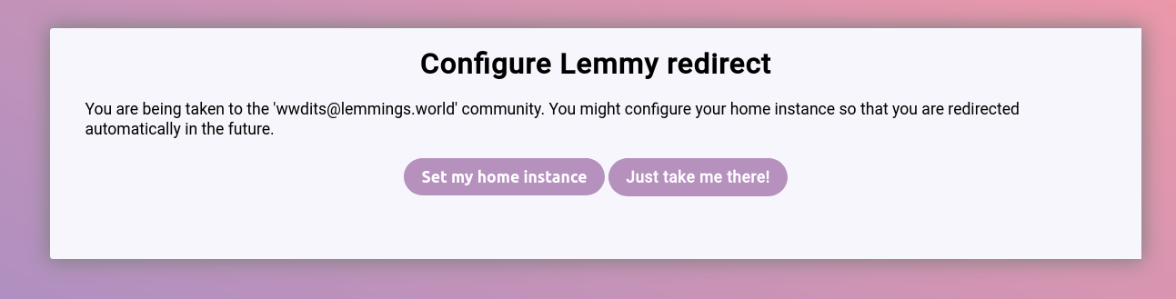 A page letting you choose whether you want to continue to the link or set your home instance first