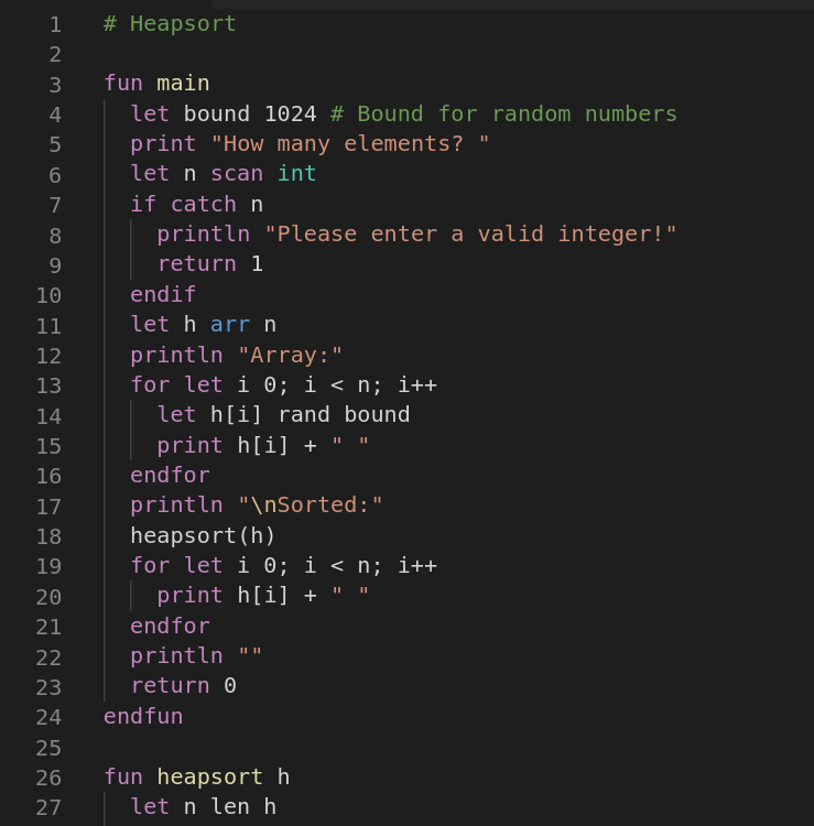 Heapsort implemented in hexiscript