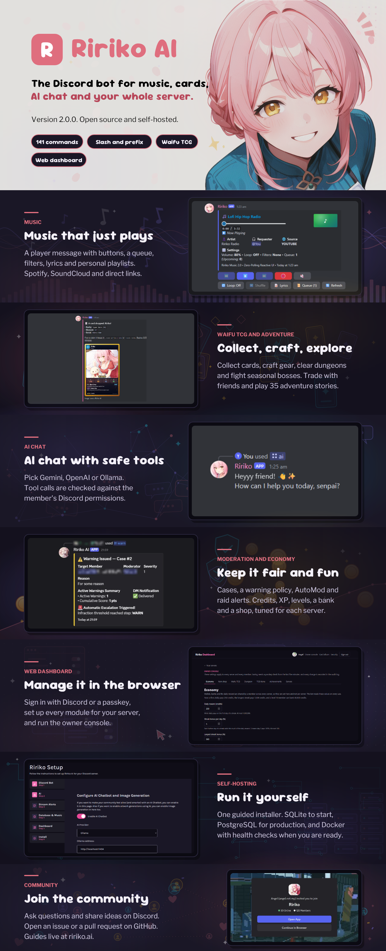 Ririko AI: music, AI chat, the Waifu TCG, moderation, economy, a web dashboard and self-hosting