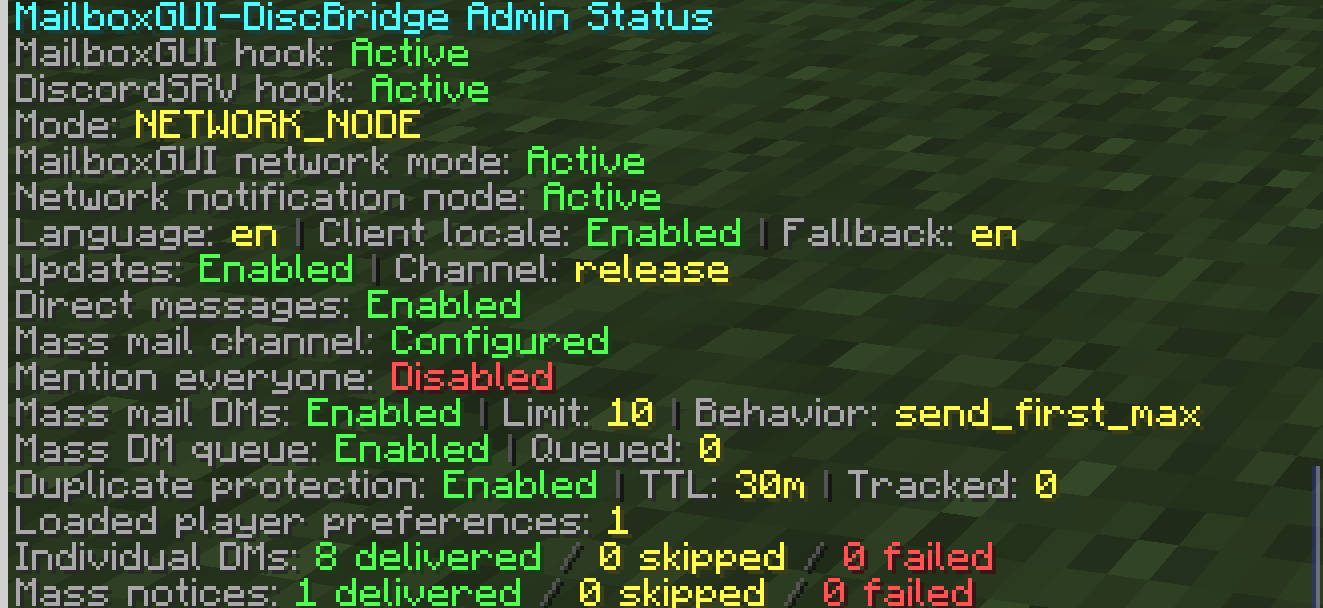 MailboxGUI-DiscBridge admin status output in NETWORK_NODE mode