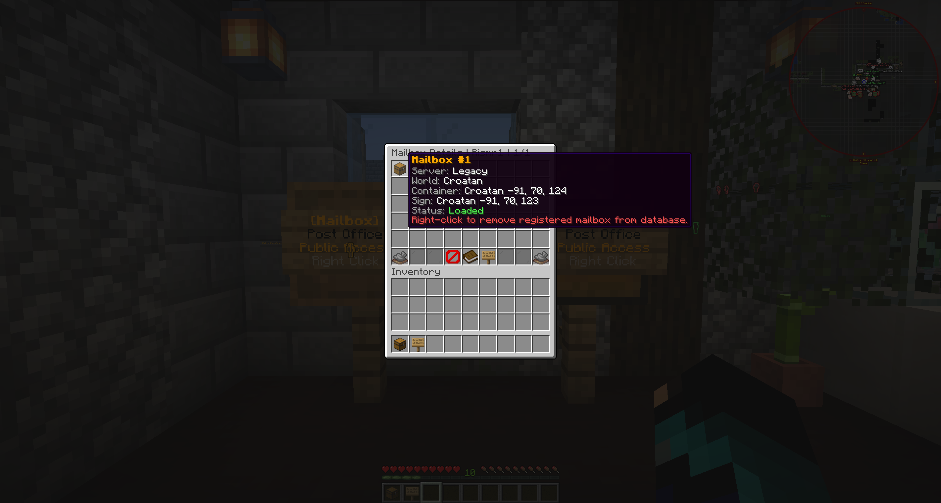 Admin view of a player's registered MailboxGUI mailboxes