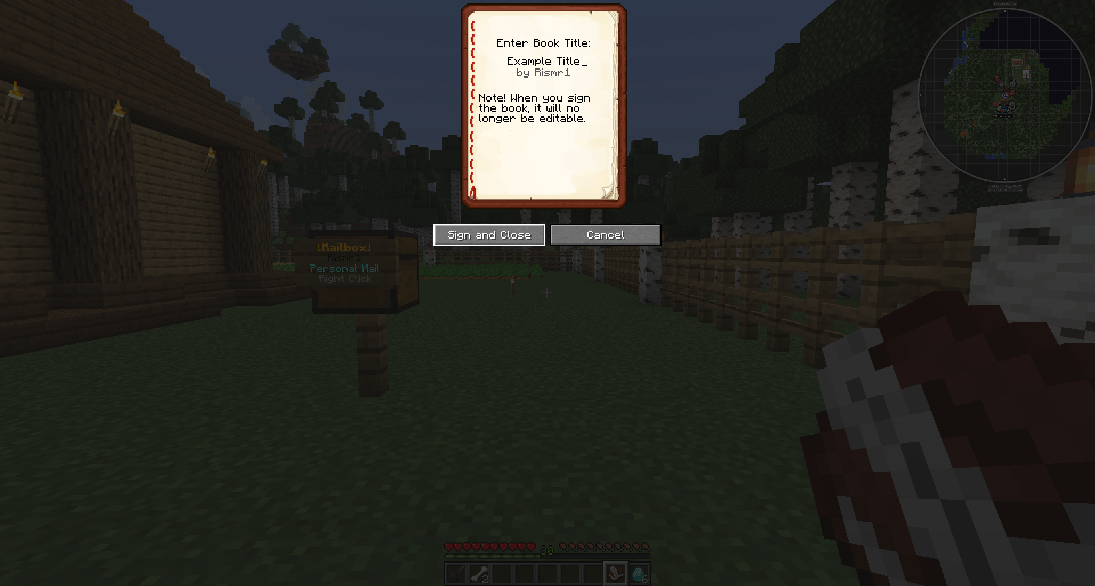 Sign and Close button used to send a MailboxGUI Book Letter