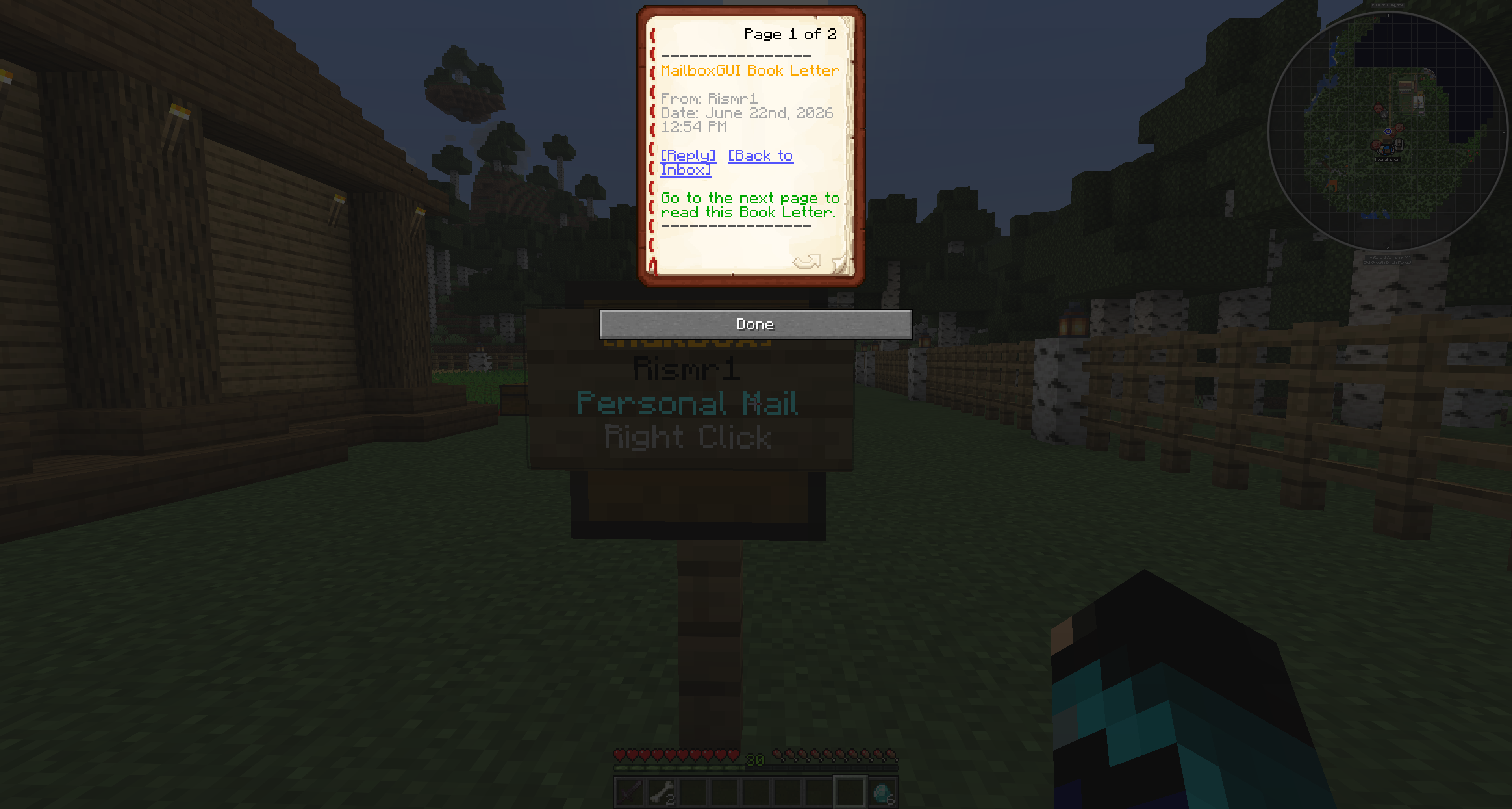 Player-sent Book Letter info page showing From, Date, Reply, and Back to Inbox