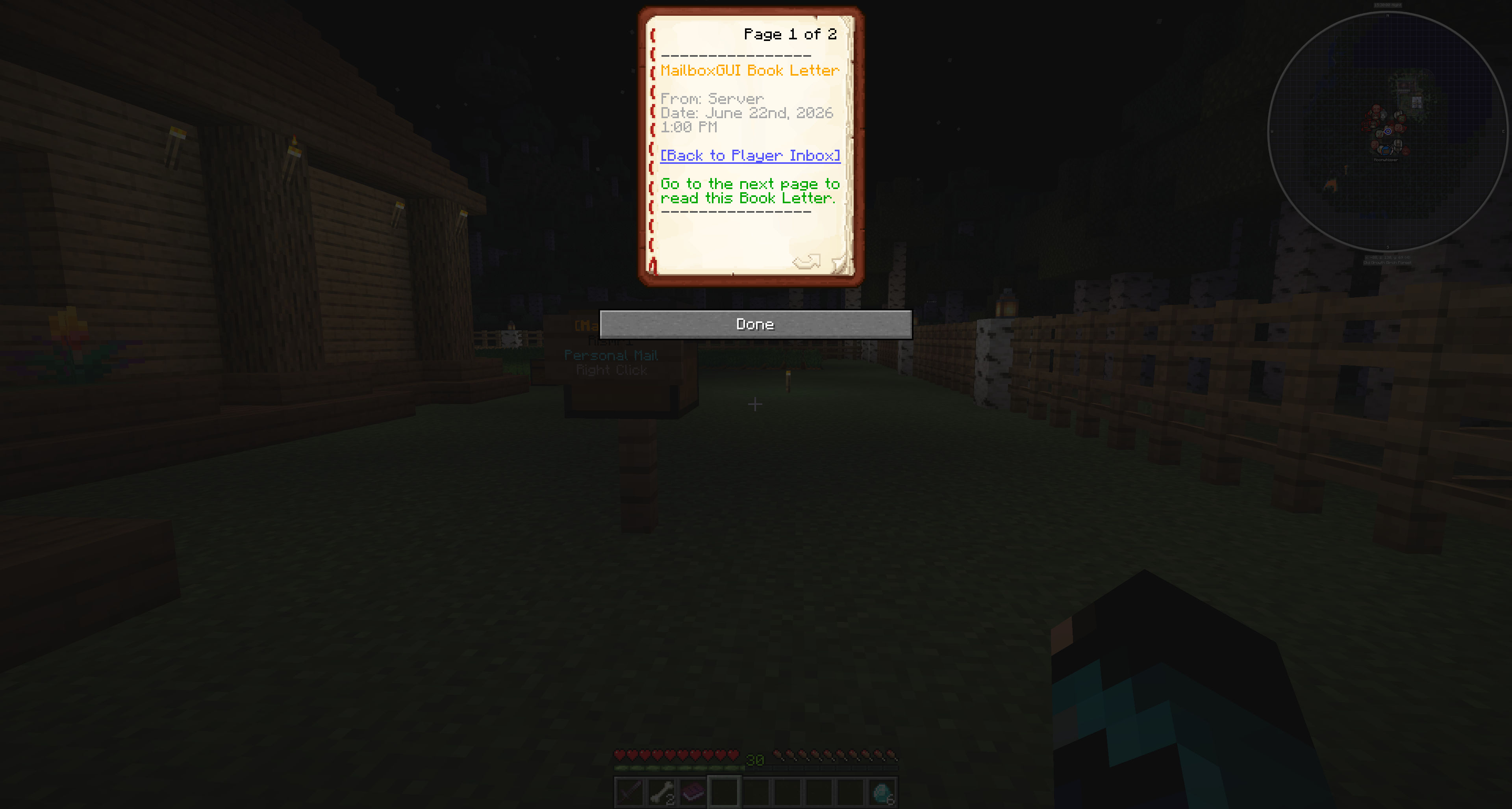 Admin inbox Book Letter reading view with Back to Player Inbox