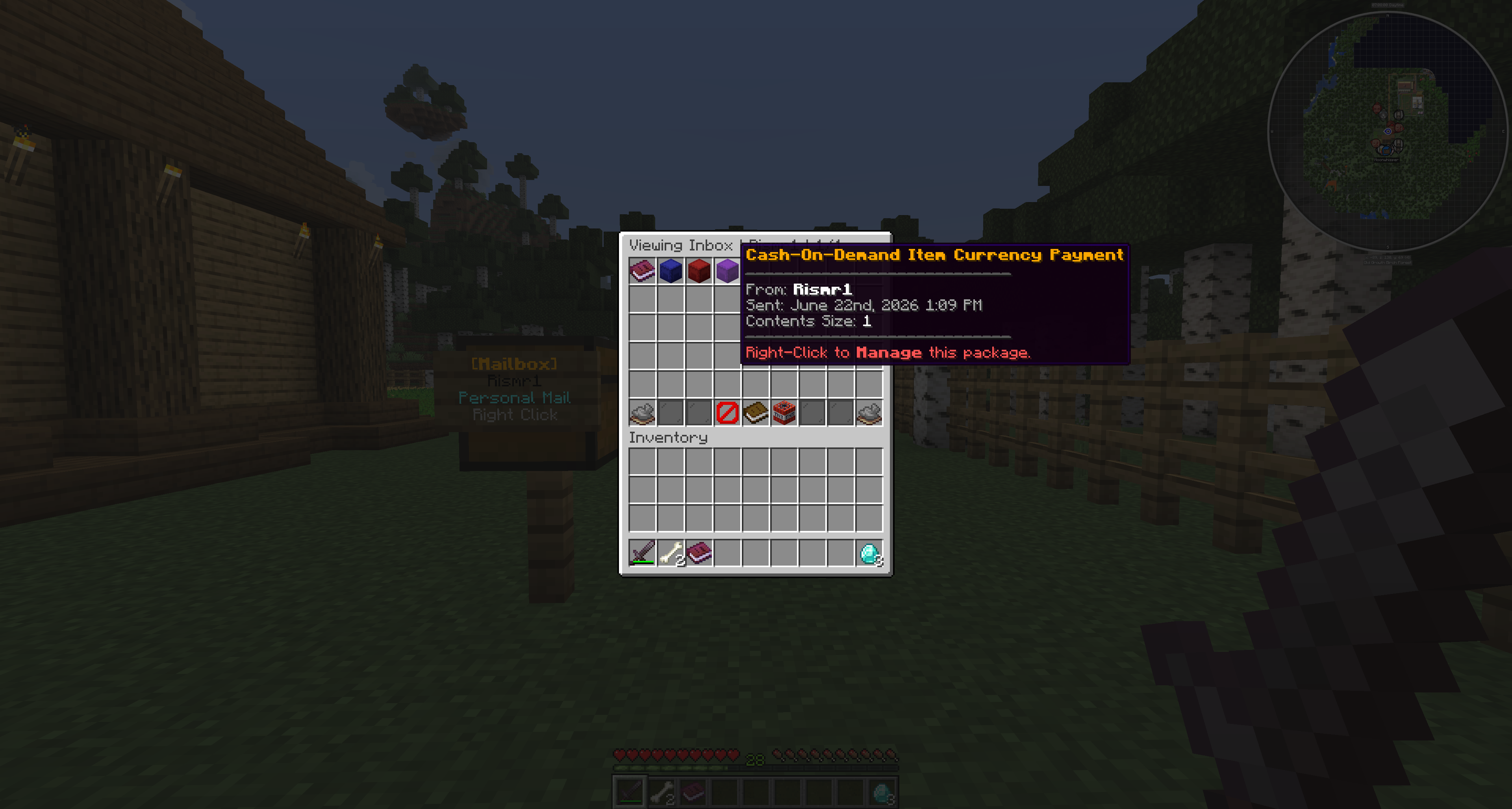 Admin inbox package lore showing Right-Click to manage this package