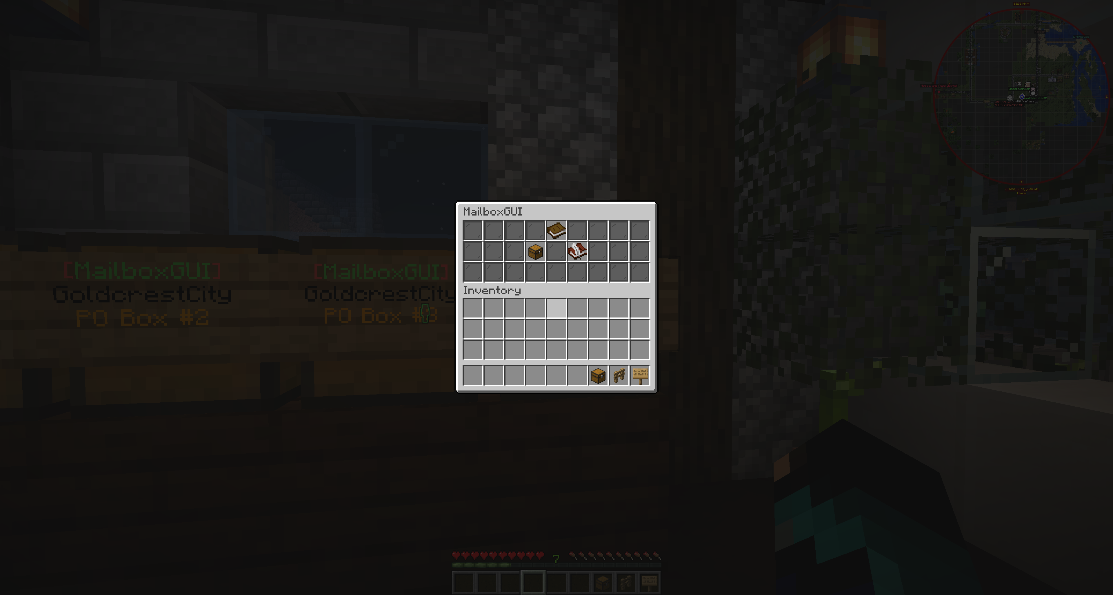 Player opening the MailboxGUI main menu from a public Post Office box