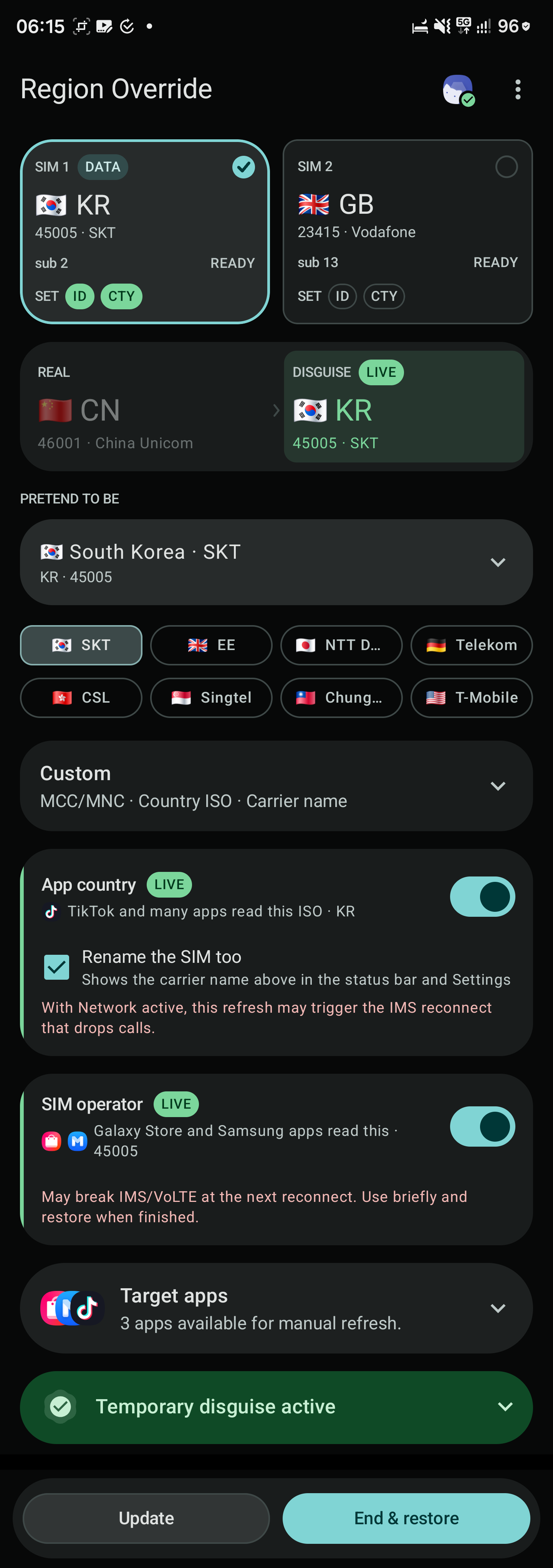 Samsung Region Override showing a live South Korea SKT disguise beside the real China Unicom identity.