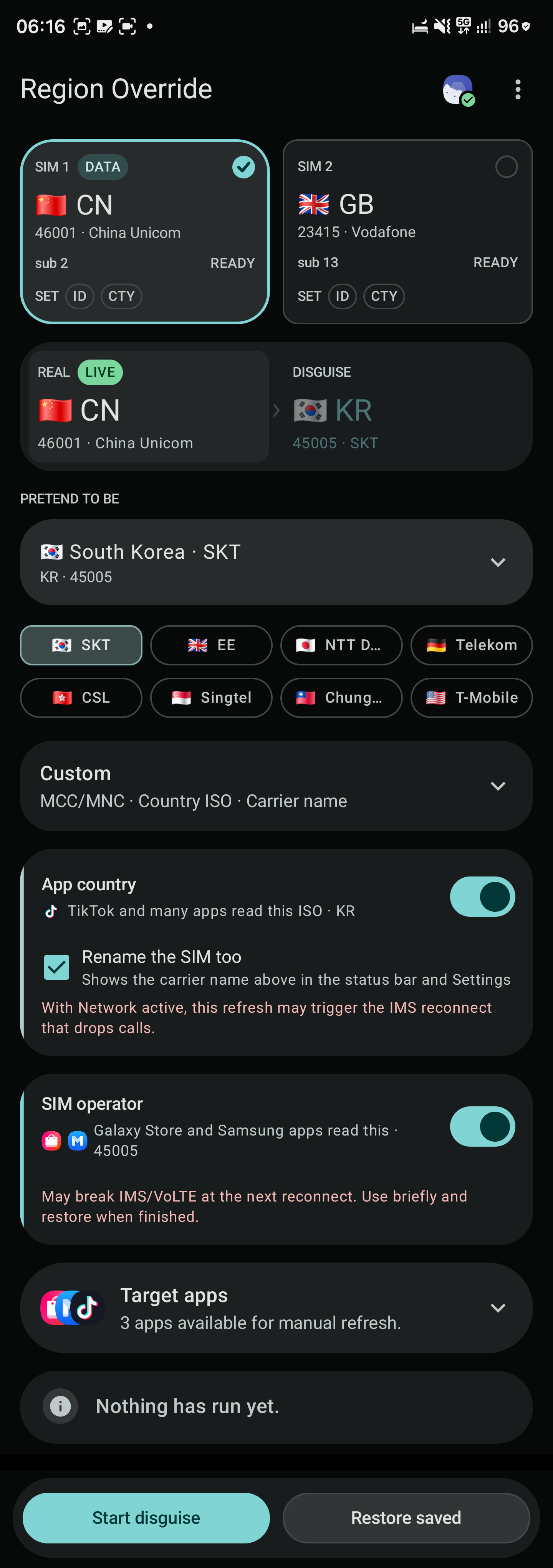 Samsung Region Override ready to start a South Korea SKT disguise on SIM 1.