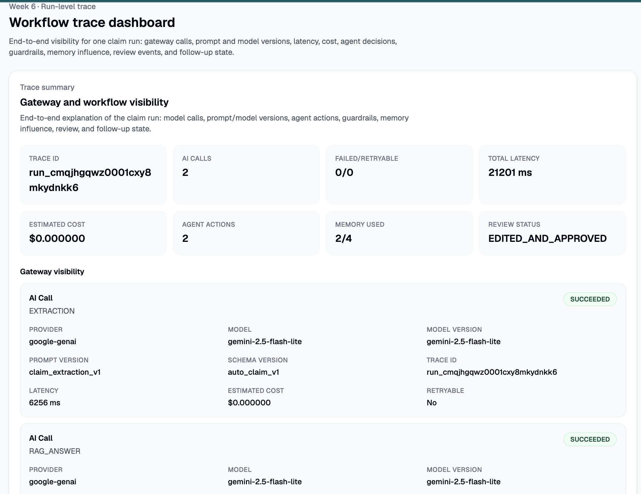 Run trace dashboard