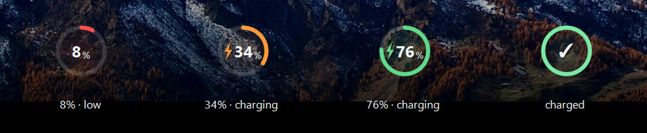 The battery halo at 8% on battery, 34% and 76% charging, and charged