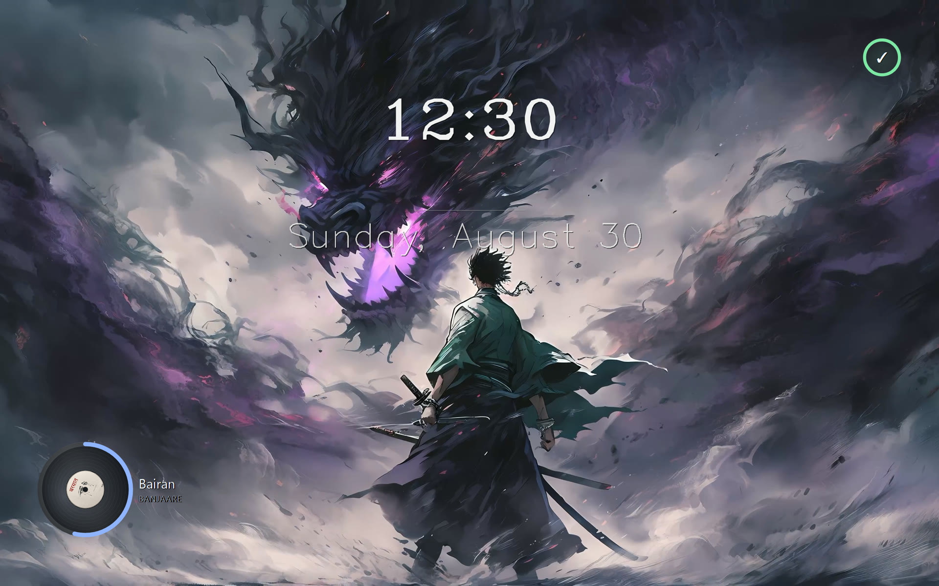 FeatherWall on a live wallpaper with the clock, the battery halo and the now-playing record