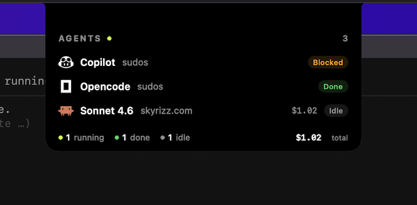 bohay-notch — the agent panel dropping from the macOS notch, showing each agent's state, model, and cost