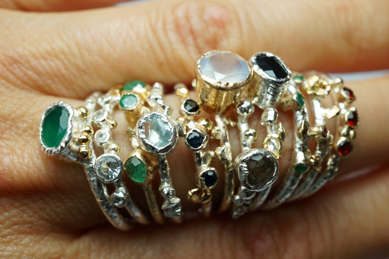 Textured handmade silver and gemstone ring