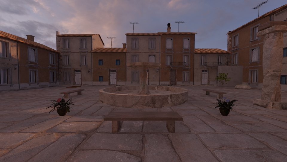 Courtyard fountain at golden hour