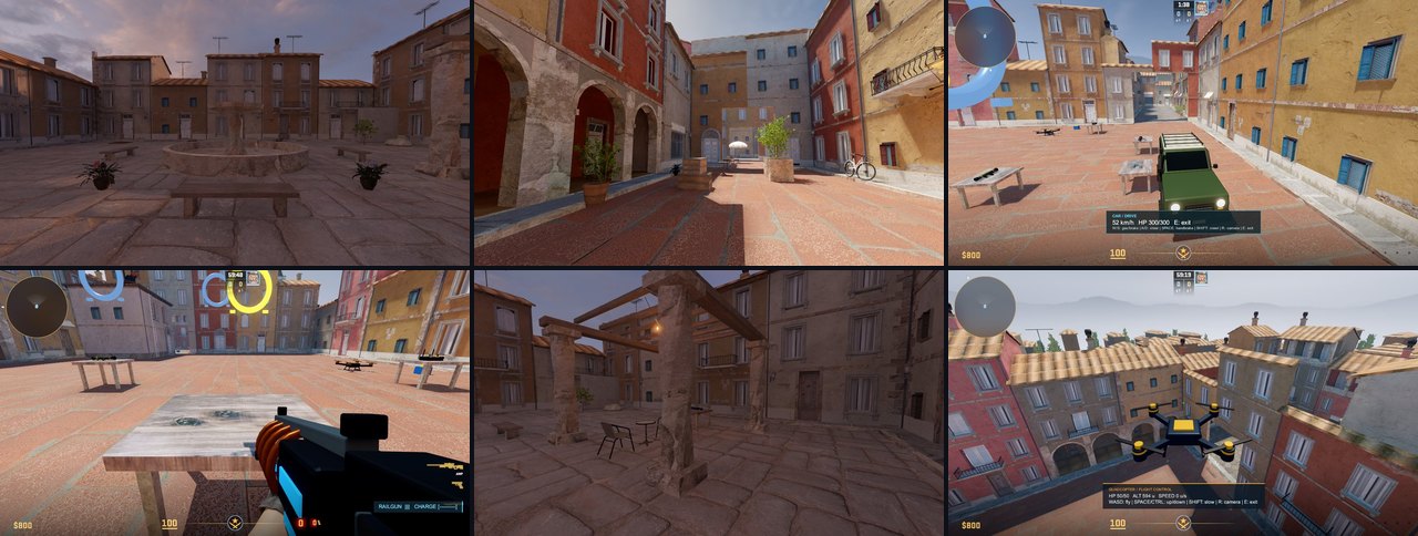 Maps built only through MCP tool calls: a courtyard, an Inferno-like defuse quarter, a drivable car, a railgun in the hands, a pergola, a drone over the roofs