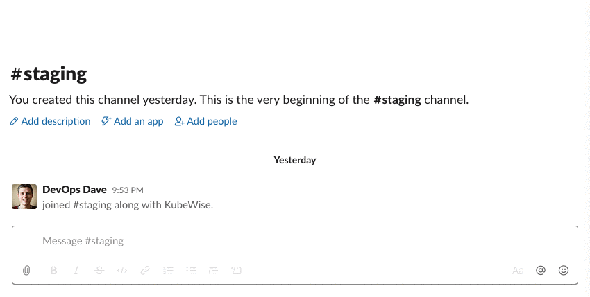 A demo of KubeWise posting Slack messages as ZooKeeper is installed, upgraded and uninstalled