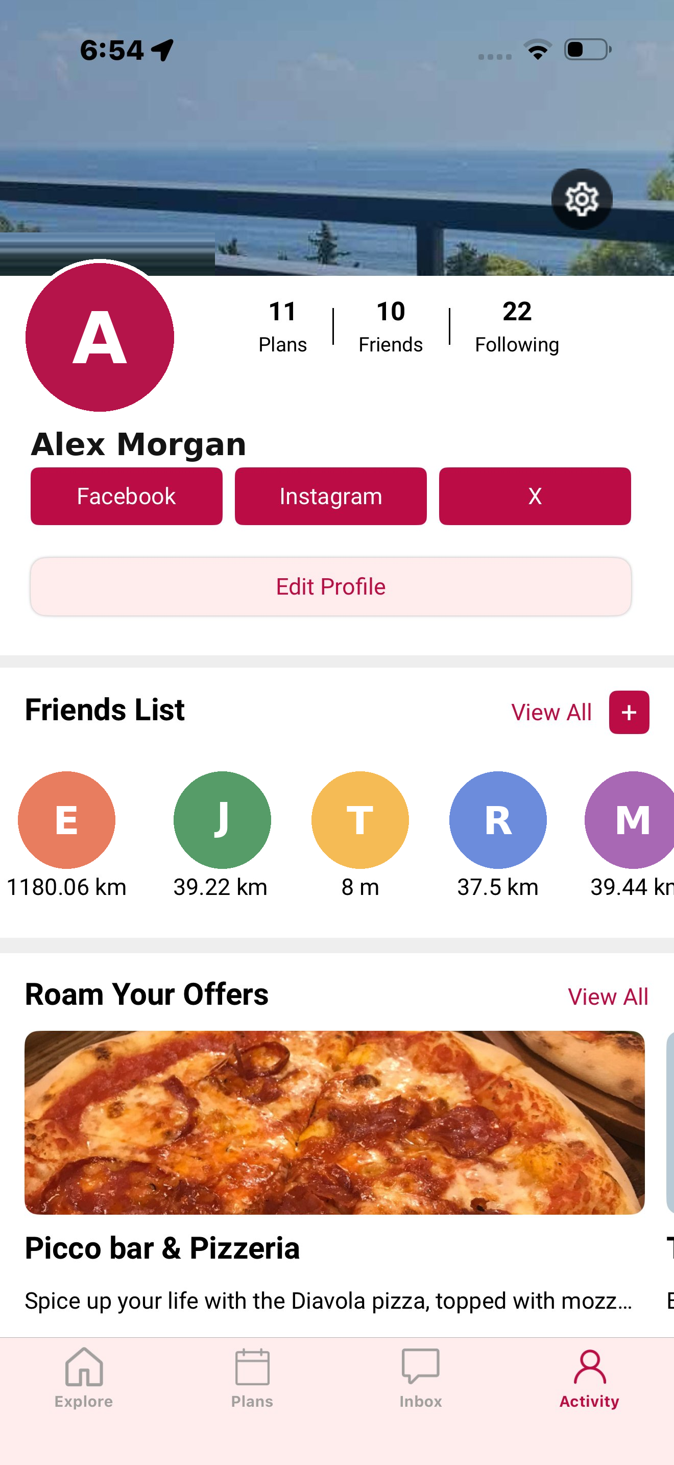 Roam app profile screen