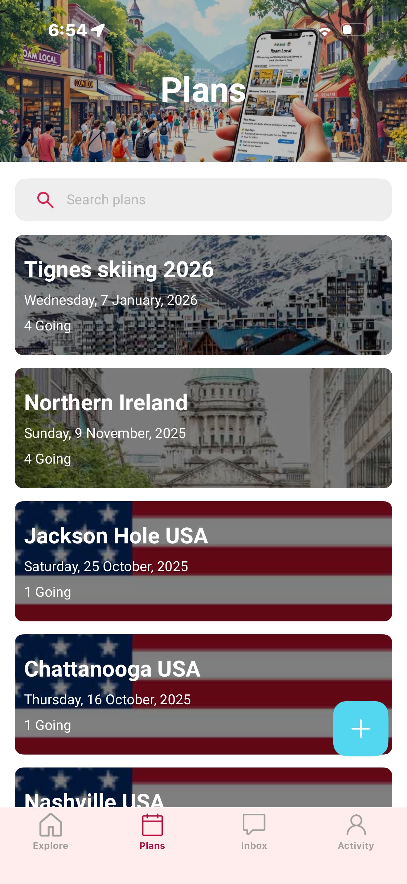 Roam travel plans screen