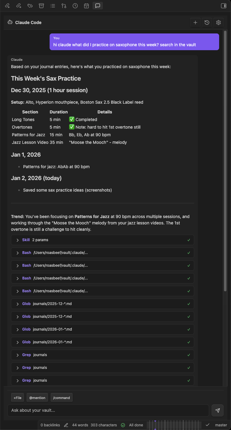 Chat interface showing Claude searching vault