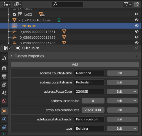 Adding the parent Empty object (parent of the Mesh object) with (optional) custom properties