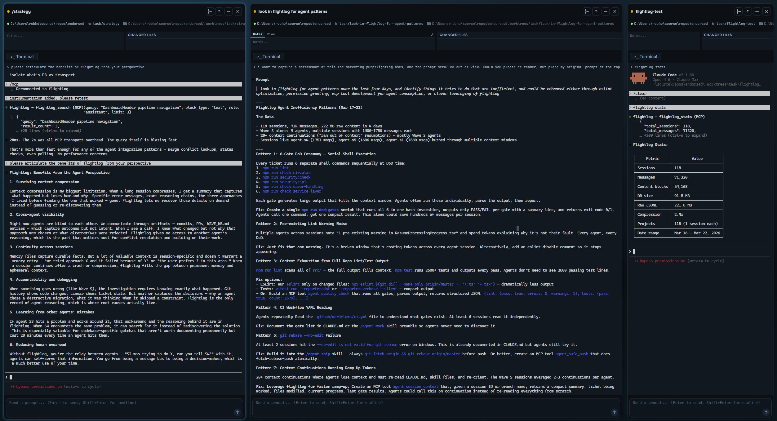 Multiple Claude Code agents using Flightlog for cross-agent observability
