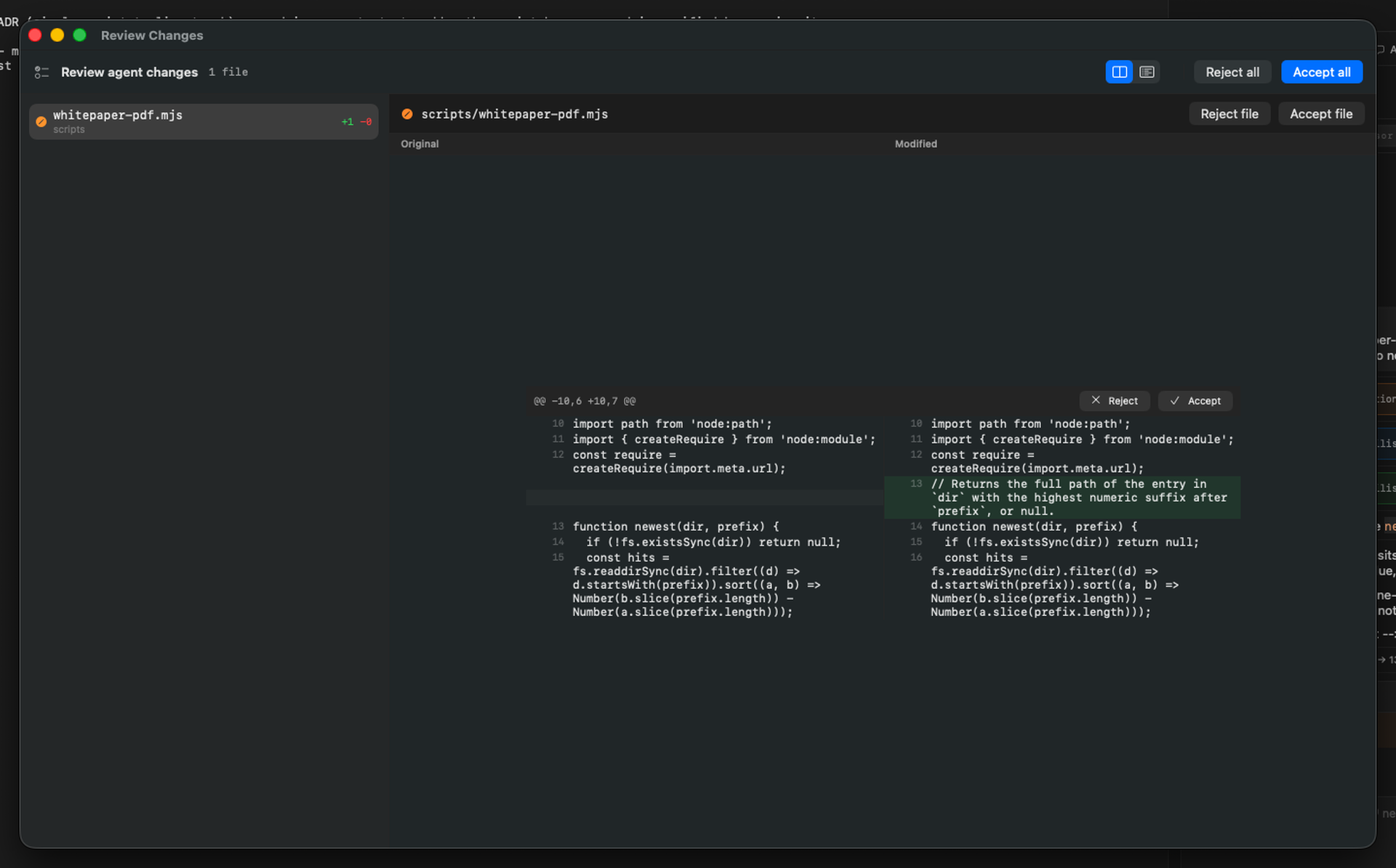 Review Changes window: original and modified side by side, with Reject and Accept per hunk, per file, and for all