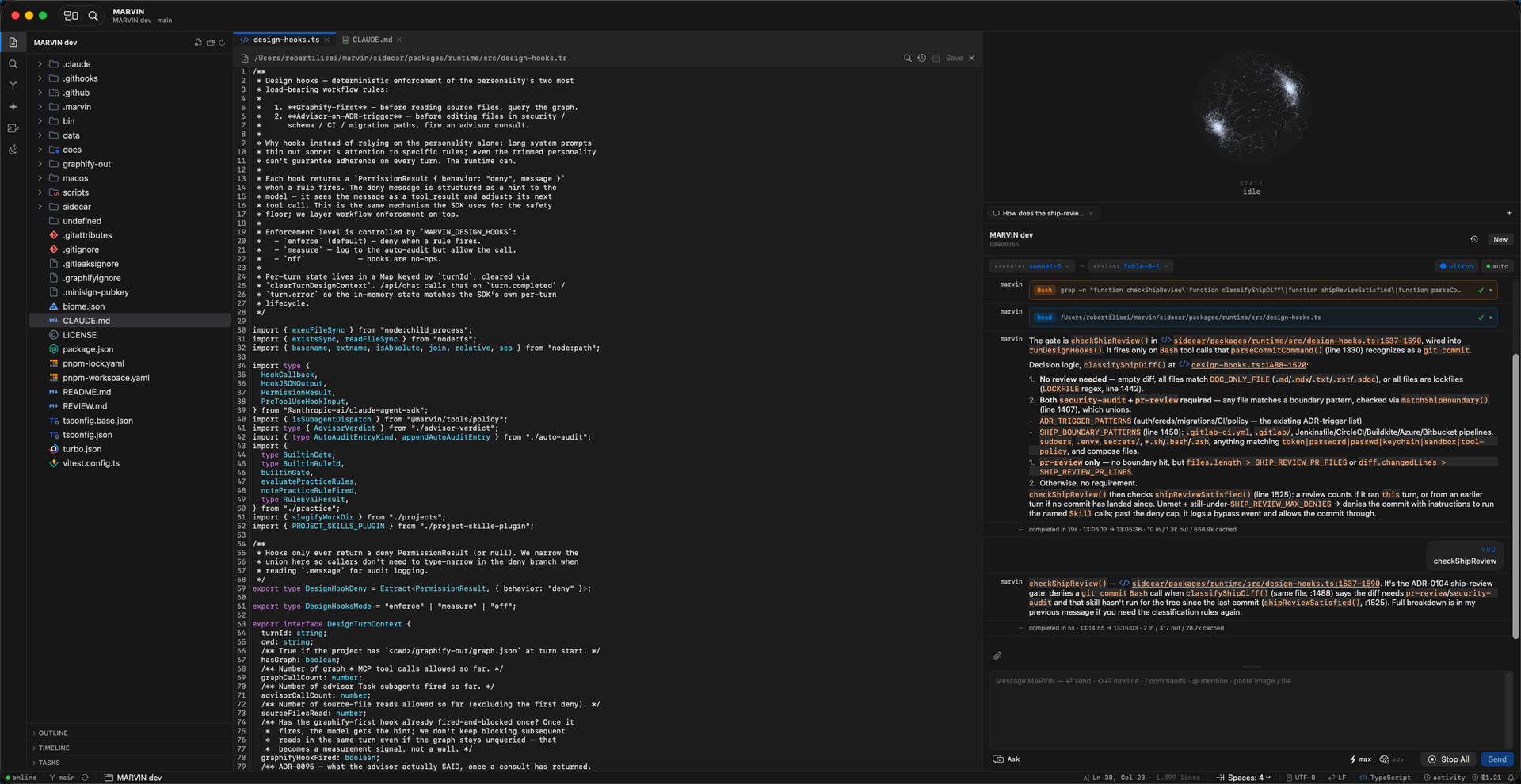 MARVIN: file tree, editor with design-hooks.ts open, knowledge-graph brain, and a chat answer citing file and line