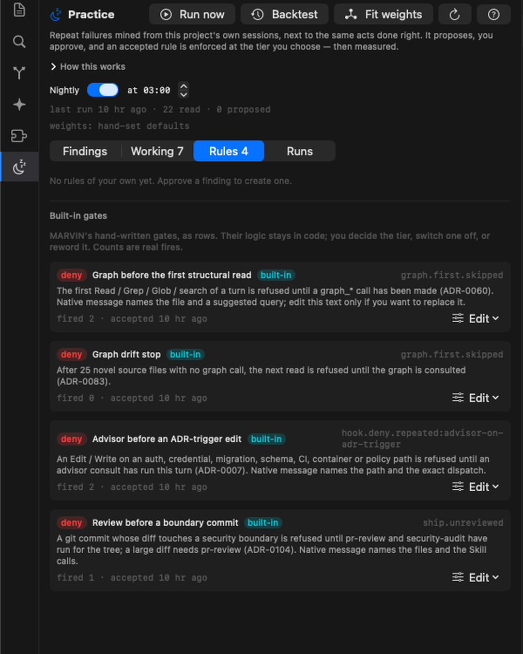 Practice pane, Rules tab: the four built-in deny gates as editable rows