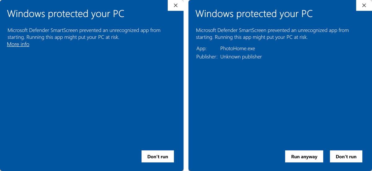 Windows SmartScreen: the first screen offers only Don't run; after clicking More info, Run anyway appears