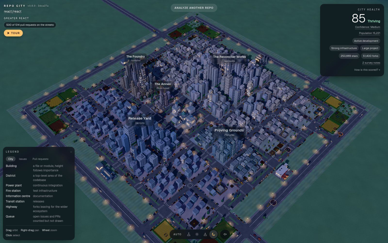 Greater react at night, lit windows and lamp pools across the grid