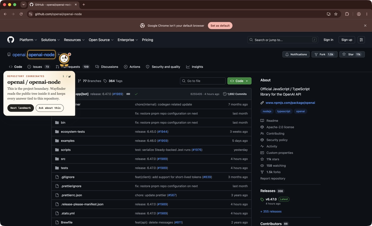 Wayfinder highlighting the repository name on GitHub