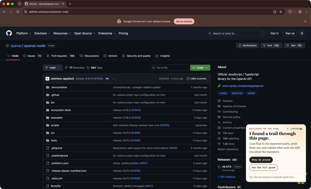 Wayfinder welcome panel on the openai-node repository
