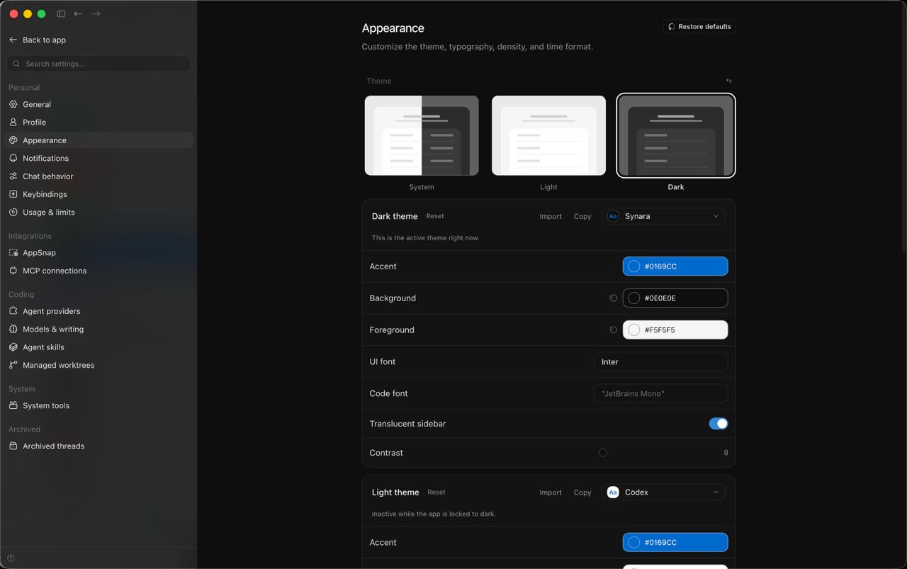 Synara Appearance settings with theme, typography, and density controls