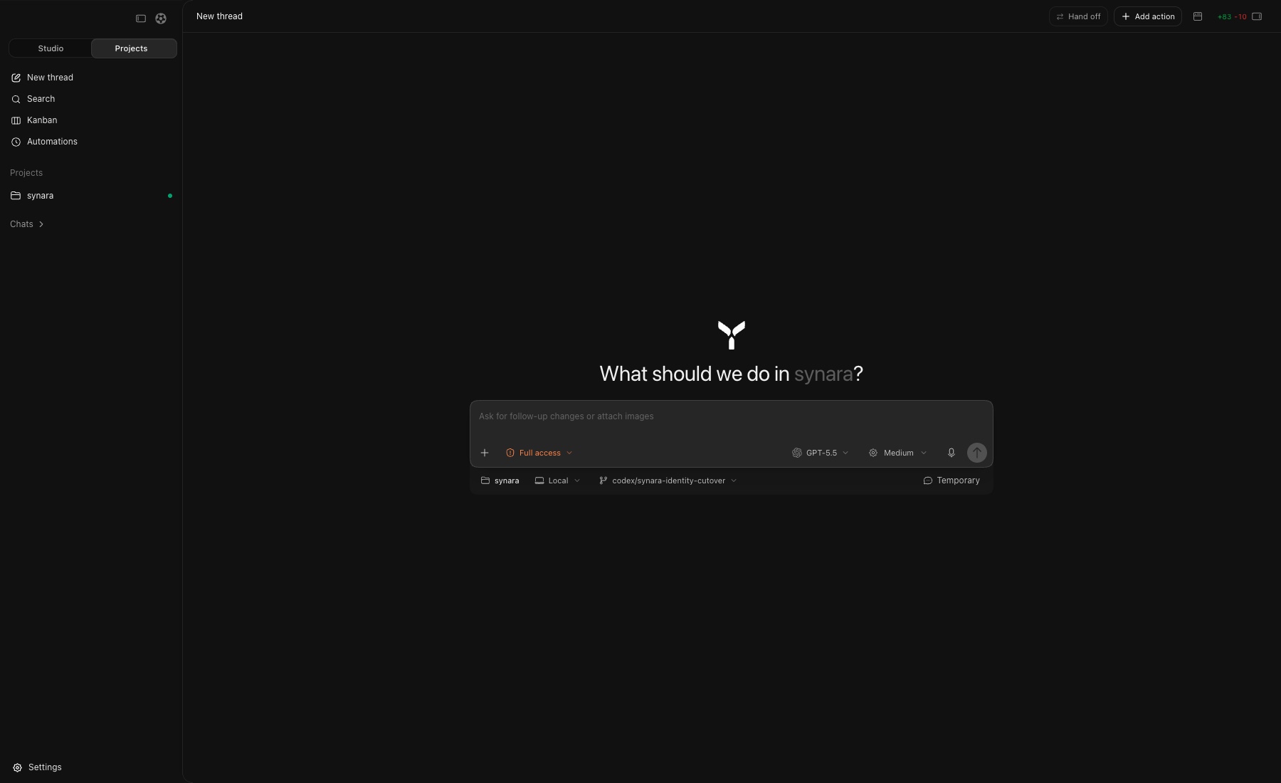 Synara app showing parallel agent threads, terminal output, and project navigation