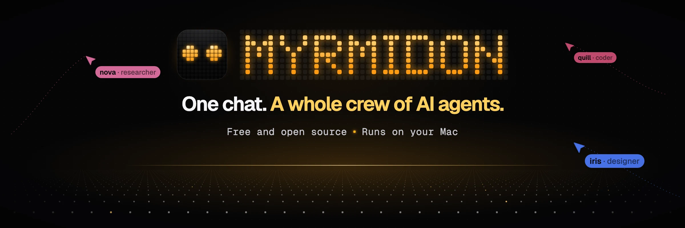 Myrmidon: the pixel-eyes mark and wordmark, with the tagline One chat. A whole crew of AI agents.