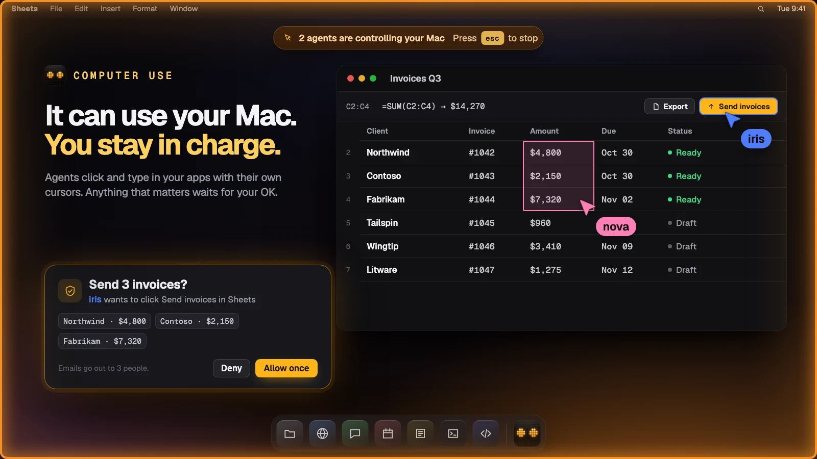 Computer use on a Mac: an amber glow round the screen, agent cursors with name pills, an Esc stops it pill and an approval for one step