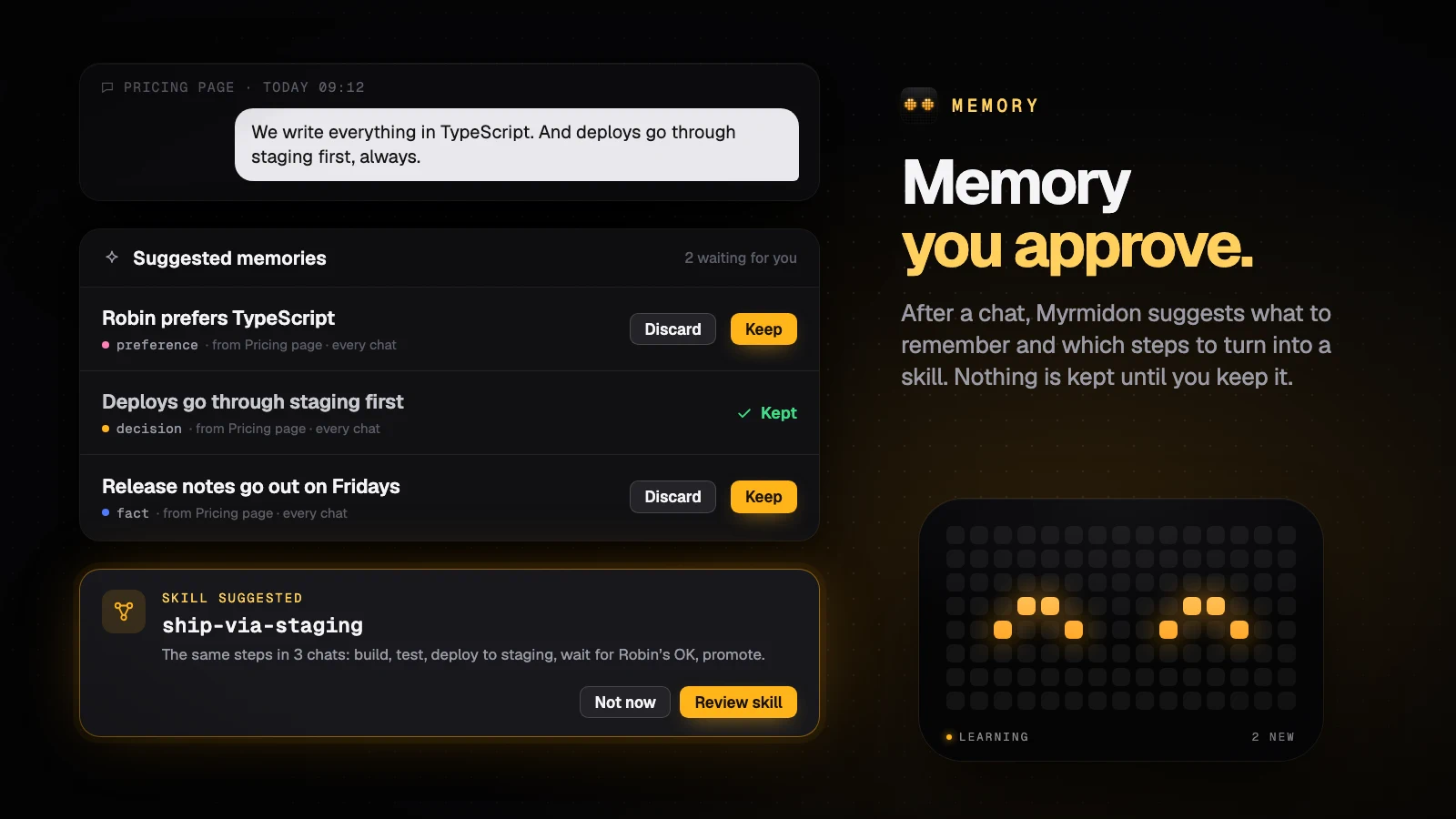 Suggested memories with Keep and Discard, and a skill learned from a finished task
