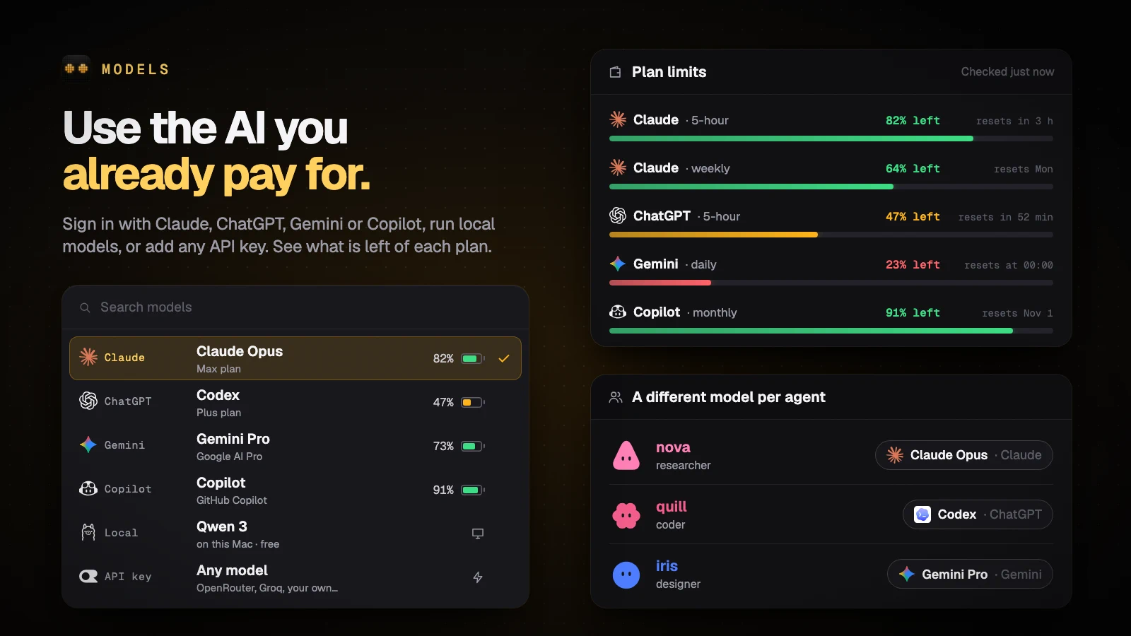 The model picker with Claude, ChatGPT, Gemini, Copilot, local models and API keys, each subscription with a battery of what is left