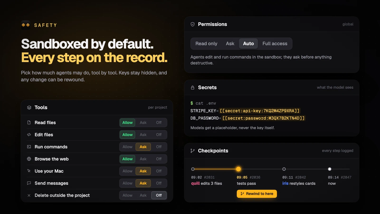 Permission presets, per-tool Allow, Ask or Off, secrets shown as placeholders, and a rewind timeline