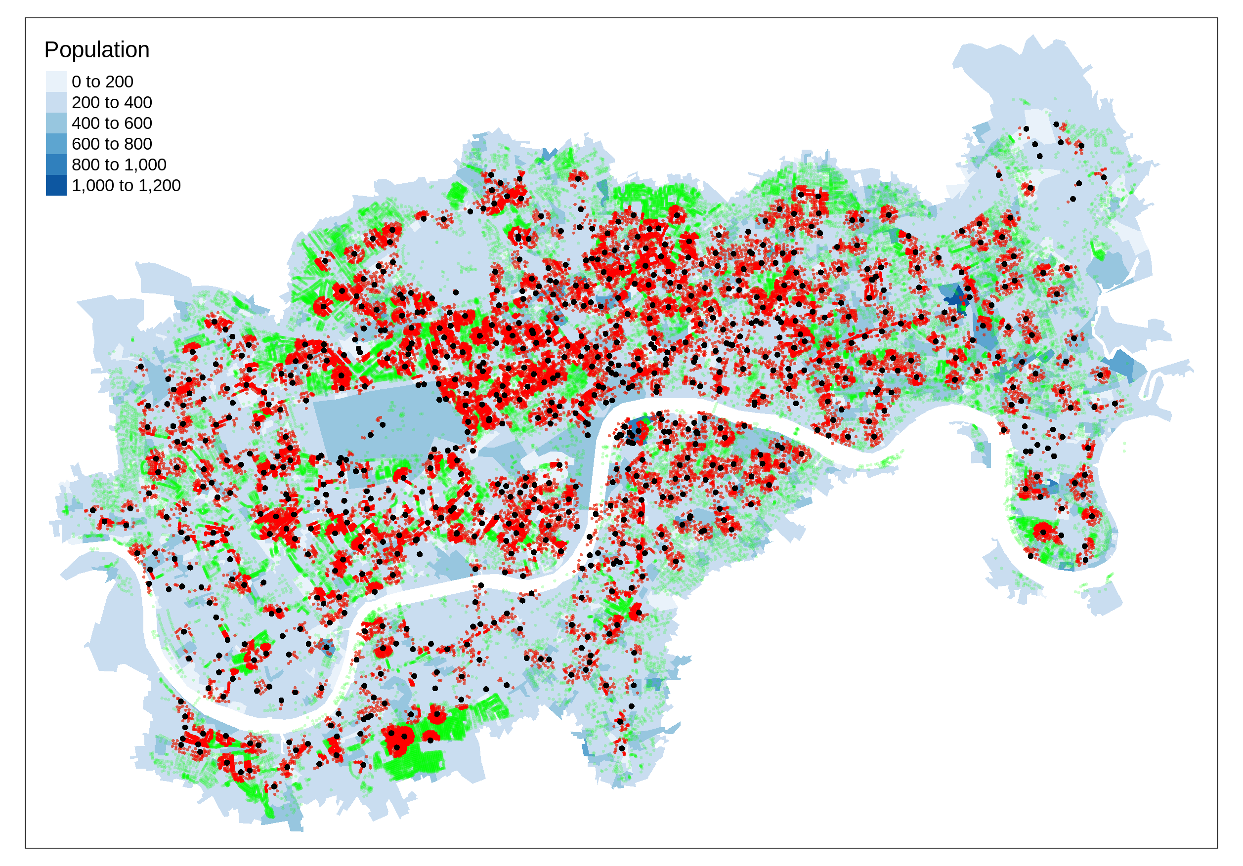 Method for estimating the residential population with access to docking stations within 150m. Blue shade represents the population in each Output Area, buildings are in green and buildings near docking stations are in red.