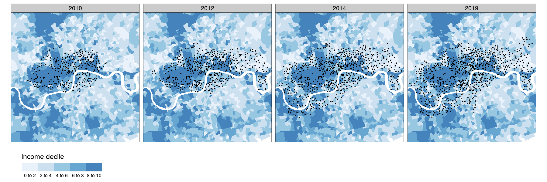 Changes in the spatial and social distribution of docking stations over time, 2010-2019, showing four stages of expansion. Zone colour represents income decile, with 1 (white) representing the lowest income areas and 10 represents (blue) wealthy areas (top). The percentage of docking station in each income decile over time (blue) overlaying a representative distribution of income deciles for London (grey) for the same years (bottom). Note: a distribution representative of national income levels would be flat.