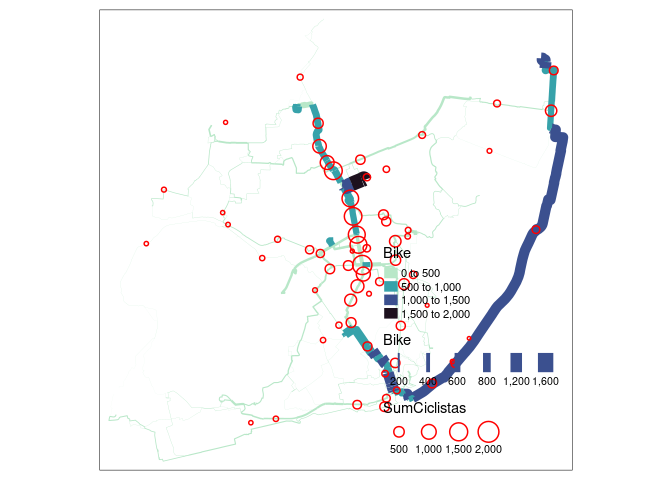 \label{map1}Route network from unjittered desire lines, with routes from CycleStreets, in quietest routing option.