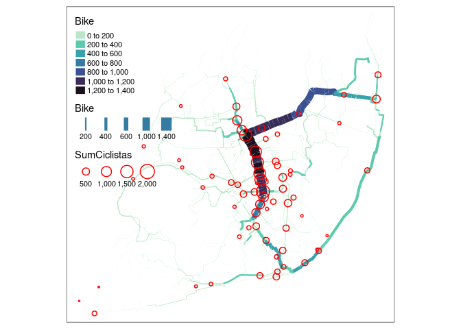 \label{map2}Route network from jittered desire lines with disagregation of 500 trips, with routes from CycleStreets, in quietest routing option.