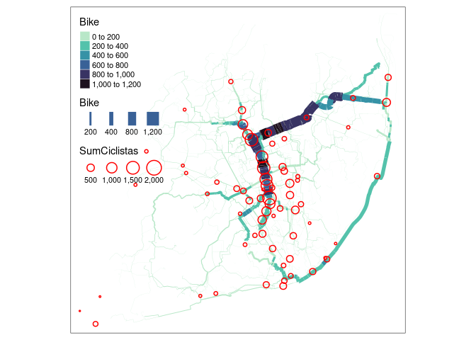 \label{map3}Route network from jittered desire lines with disagregation of 500 trips, with routes from r5r, level of traffic stress 2 (quiet) routing option.