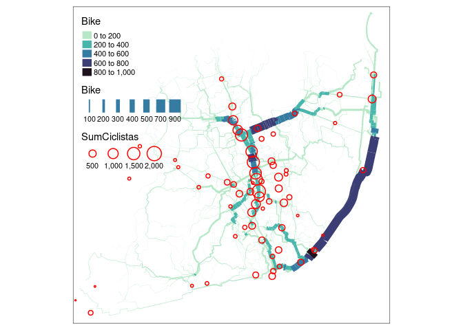 \label{map5}Route network from jittered desire lines with disagregation of 200 trips, with routes from r5r, level of traffic stress 2 (quiet) routing option.